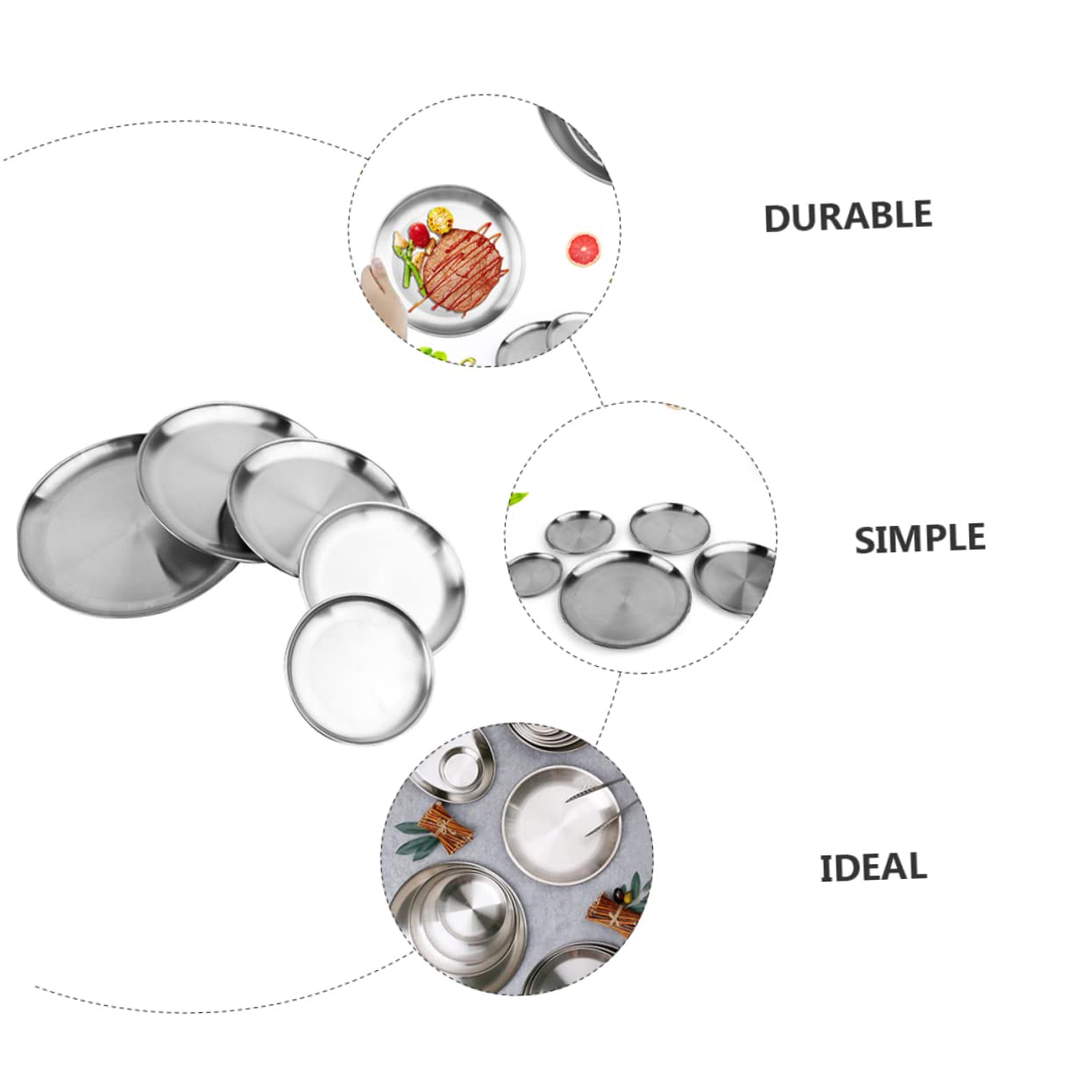 SOLUSTRE 5Pcs Stainless Steel Plate Multi Functional Dinnerware for Snacks Desserts and Parties Lightweight Dishwasher for Outdoor Use