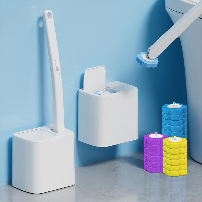 Disposable Toilet Brush: Toilet Bowl Brush and Holder Set with 24 Wand Refills Upgraded Handle Auto Open Cleaners Toilet Cleaning System with Storage Caddy for Sink Bathtub Floor Drain