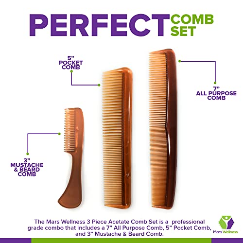 3 Piece Professional Cellulose Acetate Comb Set - Usa Made - Pocket Comb, Mustache Beard Comb, All Purpose Comb #TOP3