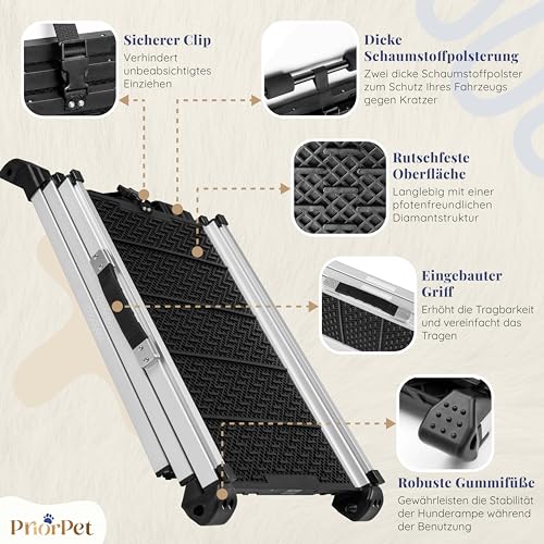 Hunderampe Auto Klappbar- Teleskop Alu Rampe für große Hunde - Stabile Hundetreppe Auto & SUV - rutschfest - Reflektierende Seiten - Hundeleiter Auto - 90kg Belastbarkeit - Befestigungsclip - Schwarz