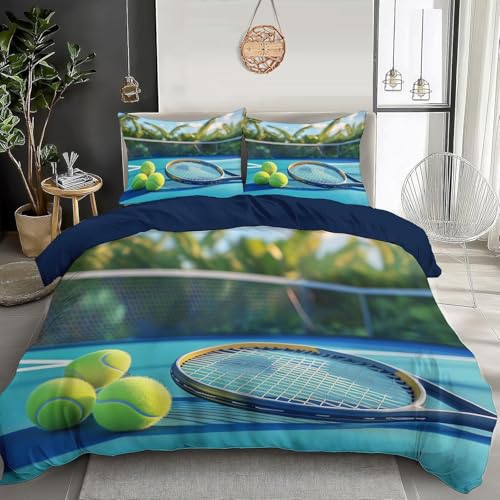 Funda Nordica Cama 135/150 Tenis Funda de Edredón 240x220 cm 3D Tennisschläger Ropa de Cama 3 Piezas de Microfibra Hipoalergénica y 2 Fundas de Almohada 50x75cm, t1959