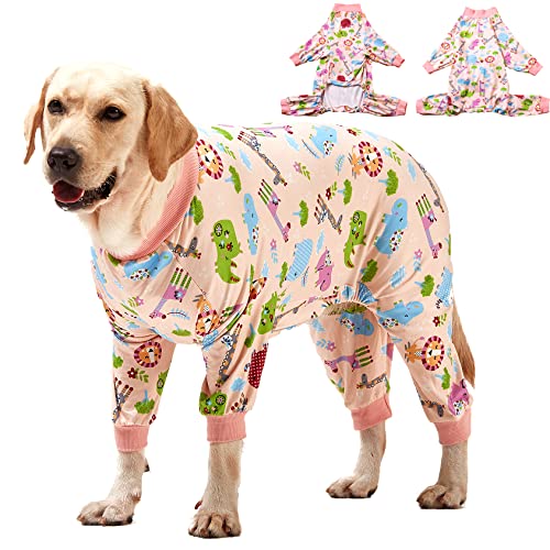 LovinPet Big Dog Clothes: Pajamas for Large Dogs, Slim Fit/Lightweight Pullover Dog PJ's, Full Coverage/Animals Allover Pink Print/Pet Pajamas/Large