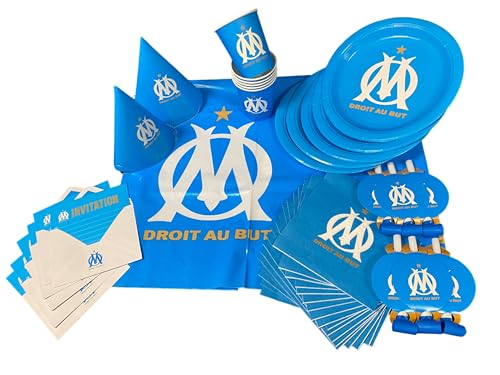 OLYMPIQUE DE MARSEILLE Pack 51 pièces : Nappe 130 x 180 cm + 6 Gobelets + 6 Assiettes + 20 Serviettes + 6 Chapeaux + 6 Sifflets + 6 Cartes d'Invitation -...