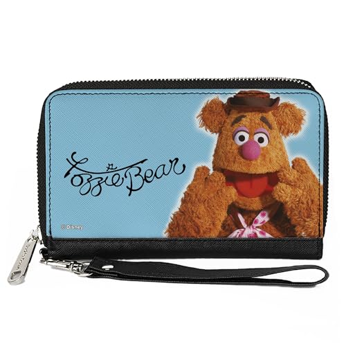 Buckle-Down Disney Wallet, Zip Around, The Muppets Fozzie Bear Portrait and Autograph Blue, Vegan Leather