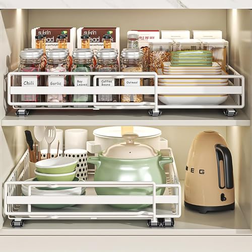 2pack Pull Out Cabinet Organizer Expandable Slide Out Drawers for Kitchen Cabinets Drawers Fixed with Adhesive Nano Film Upgrade 3 Slide Rails Adjustable Width 12-20.45 White