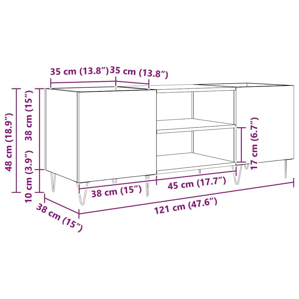 Armario para discos de vinilo negro efecto roble 121 x 38 x 48 cm con espacio de almacenamiento para sala de estar, medios, TV, alta fidelidad, CD, DVD, gestión de cables, estantería