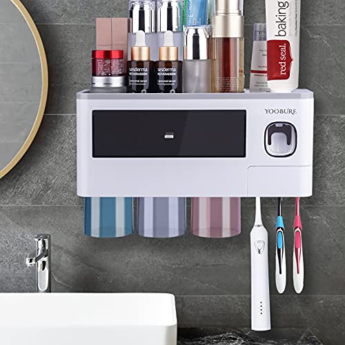 Toothbrush Holders for Bathrooms Wall Mounted, Yoobure Automatic Toothpaste Dispenser for Kids, Electric Tooth Brush Holder with Storage Drawer & 6 Toothbrush Slots with Cover (3 Cups)