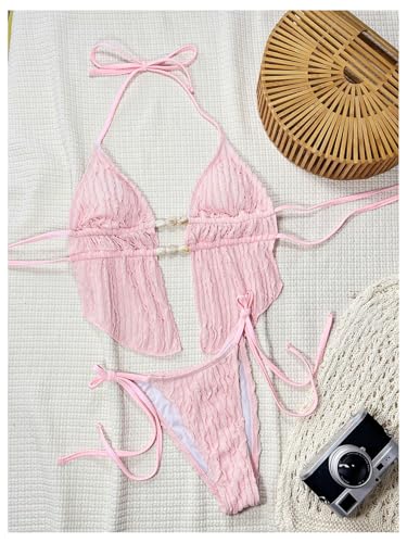Image of RoseSeek Women's 2 Piece Boho Polka Dots Beaded Bikini Sets Sexy Swimsuits | Halter Swimsuits, Backless, Textured, Tie Side, Tankini Set, Bathing Suits, Summer, Vacation