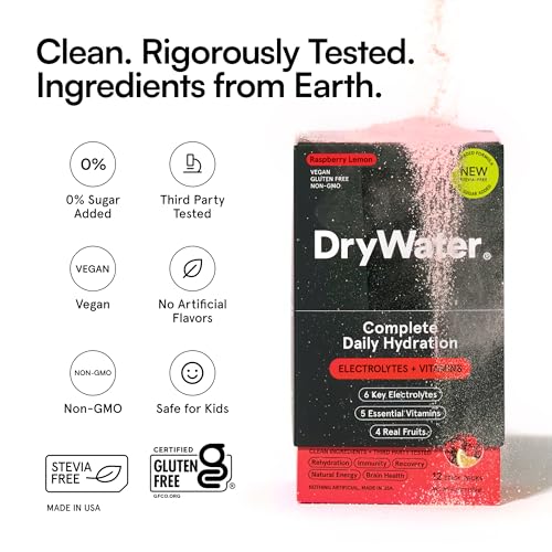Image of DryWater Electrolyte + Vitamin Hydration Powder Packets, Raspberry Lemon (Stevia-Free), 1,000mg Potassium, Real Organic Fruit, NSF Certified Sport, Nothing Artificial, No Added Sugar (12 Stick Packs)