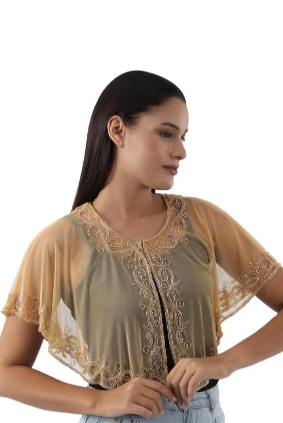 King Fashion Women's Yellow Net Hand Bead Stylist Poncho Shurgs Cape Style Silver Mix (Yellow Flower)-image-25