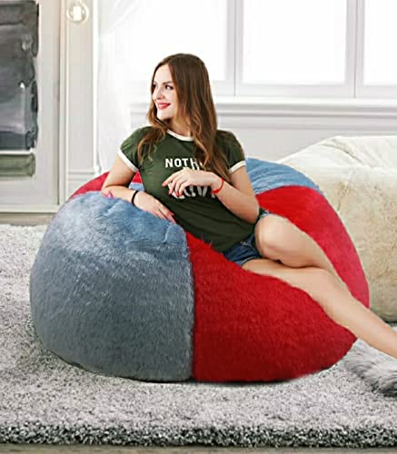 Image of Premium and Luxurious Fur Bean Bag Sofa Chair (Without Beans) Bean Bag Cover Without Beans. for Kids and Adults XXXL (Red and Gray Fur)