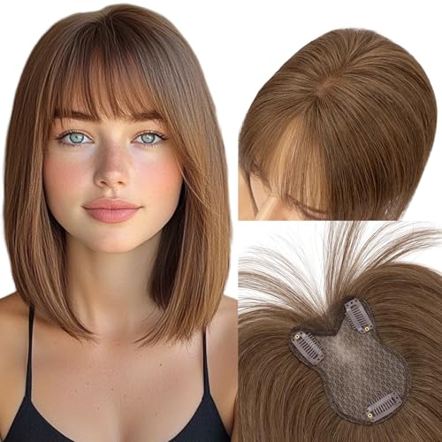 MY-LADY Topper Cabello Humano Mujer, Flequillo Postizo Pelo Natural con Aire, Hair Topper para Cabello Fino Uso Diario(Marrón Chocolate, 21g)