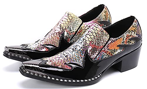 Santimon Men's High Cuban Heel Dress Loafers Metal Cap Fashion Leather Snake Print Ballroom Formal Party Dancing Nightclub Shoes for Men