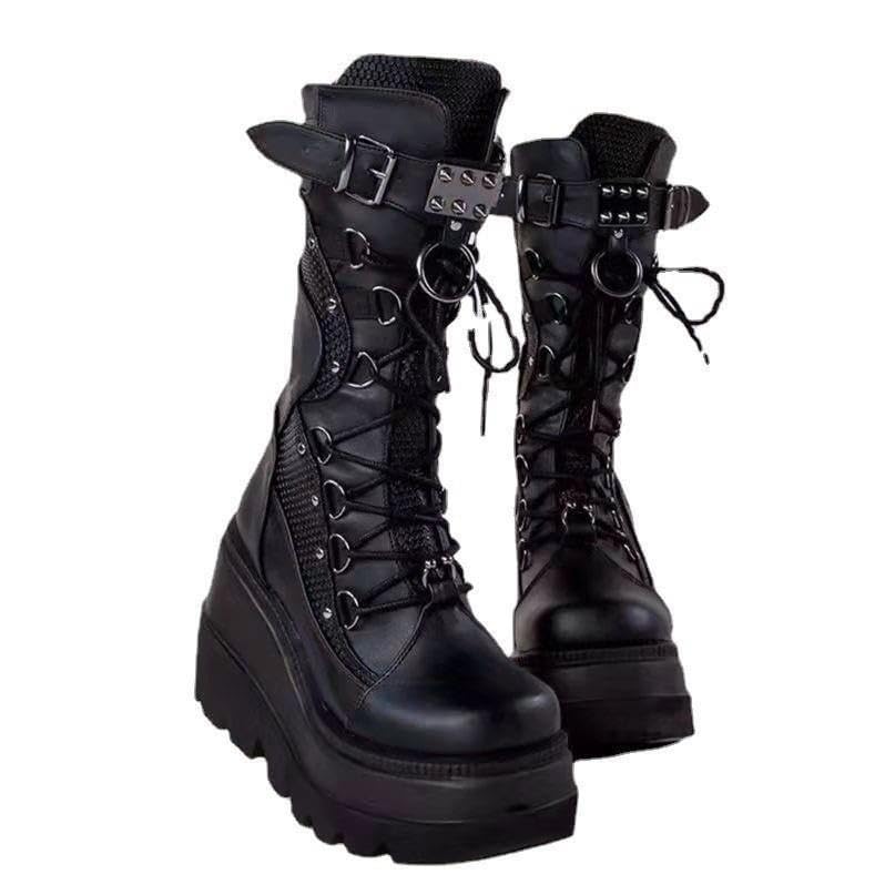 Women's Wedge-heeled Knight Boots European and American Style Large Size Punk Style Handsome Thick-soled Mid-calf Boots Women's Boots