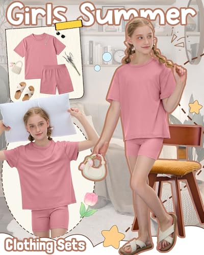 Image of Oakgarden Summer Outfits for Girls 5-14Y Athletic Casual Sets Kid Short Sleeve Shirt Bike Shorts 2 Piece Tween Trendy Clothes