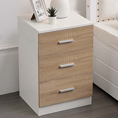 Dimensioni: 40 x 38 x 68 cm BAKAJI Comodino Camera da Letto Mobiletto Cassettiera 3 Cassetti Maniglia in Metallo Design Moderno in Legno MDF Mobile Arredo Casa Dimensione 68 x 40 x 38 cm Colore Bianco e Quercia