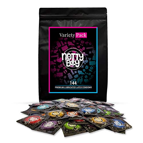 NottyBoy Condoms Bulk 144 Count Variety Pack Delay, Ribbed & Dotted, Extra Lubricated, Extra Studded, Flavored Condoms