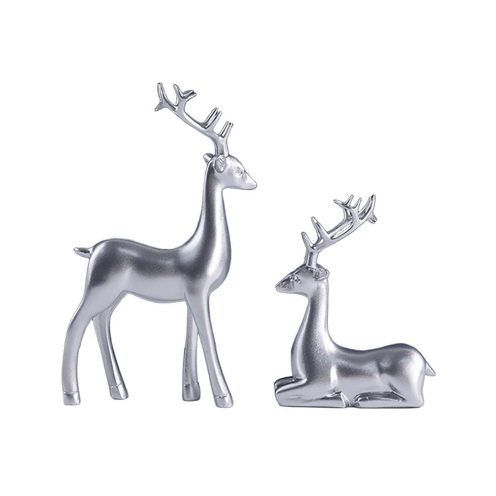 BWEFBY 2PCS Reindeer Figurine Statue Silver Deer Sculpture Desktop Ornament, Standing and Sitting Gold Resin Statues, Tabletop Deer Ornaments for Living Room Bedroom Bathroom Bookshelf (Silver)