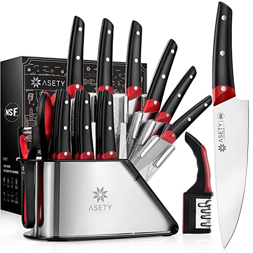 ASETY Knife Sets for Kitchen with Block- NSF Food-Safe, Full Tang German Stainless Steel 17 PCS Chef Knife Set with 4-in-1 Knife Sharpener and 2x Peeler- Ergonomic Handle, Christmas Gifts