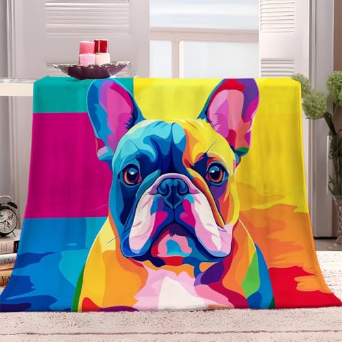 Generico Coperta Plaid Pile 100x130 cm Bulldog Francese Colorato Coperta in Sherpa per Divano Letto, Coperta Pile Lanuginosa Morbida, per Viaggi e Campeggio all'aperto