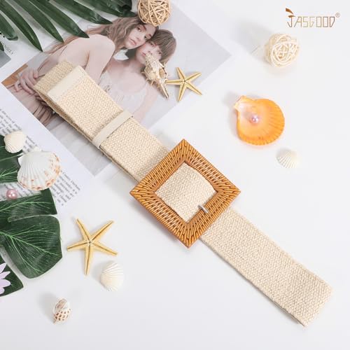 JASGOOD Straw Woven Elastic Stretch Belts for Women, Ladies Wide Boho Braided Dress Belts with Square buckle,Beige3