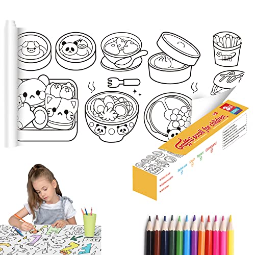 Camic Children's Drawing Roll,Coloring Paper Roll for Kids,118 * 11.8inch DIY Painting Drawing Paper Roll,Gifts for Kids Ages 2-8 (05#Food Party+12-Color Pencils,#B) Cover