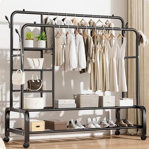 Double-Rail Clothes Rack Multifunctional Heavy-duty Garment Rack with Wheels Hanger with Side Hooks Easy to Assemble for Home Office Bedroom (black-130)
