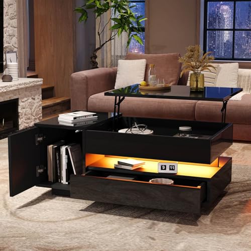 EURHCIO Table Basse Relevable 95x50x40cm,Table D'appoint,Meuble Bas Rangement avec Lampe LED Réglable,Grand Tiroir,Étagère Ouverte,pour Bout de...