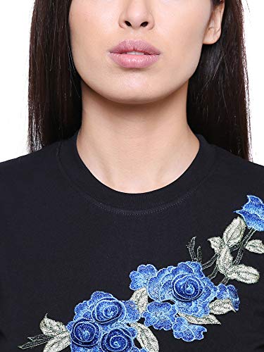 Image of Saundarya Women's Embellished T-Shirt Hosiery Fabric Half Sleeve Round Neck Blue and Red Embroidery Black