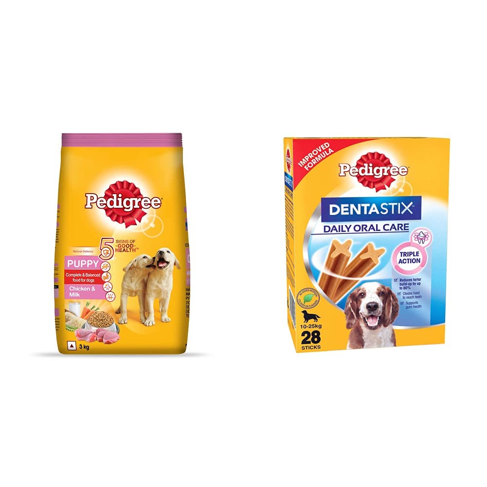 Pedigree Puppy Dry Dog Food, Chicken & Milk, 3Kg Pack & Dentastix Medium Breed (10-25 Kg) Oral Care Dog Treat (Chew Sticks) (28 Sticks) 720G Monthl (B08KV9TSGY) Amazon Price History, Amazon Price Tracker
