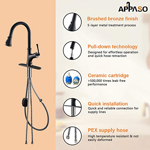 Appaso Kitchen Faucet With Pull Down Sprayer, Oil Rubbed Bronze Single-Handle High Arc Single Hole Pull Out Kitchen Sink Faucets With Escutcheon #TOP4