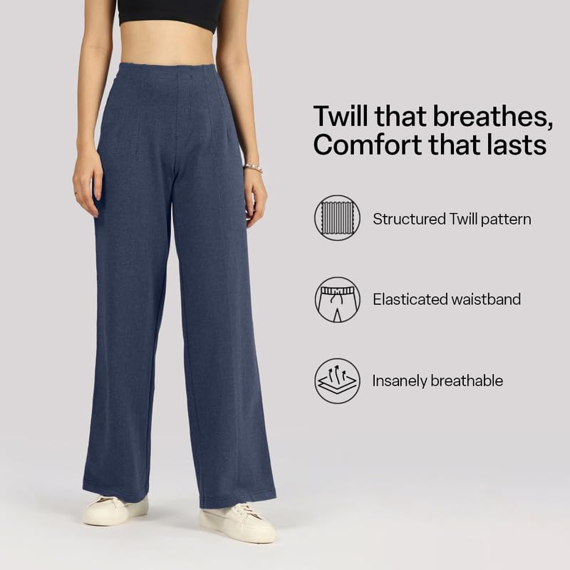 Image of BlissClub Womens Work-to-Wine Twill Wide Dart Pants Insanely Breathable Elasticated Waistband 2 Pockets Mock Fly | Wide Silhouette Stylish Pleats