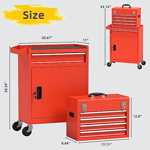 Dusacom 5-Drawer 2 In 1 Craftmen Tool Box With Wheels, Extra Big Tool Chest Organizers,Lockable Tool Box Tool Storage Cabine With Drawers And Wheels For Workshop Garage And Warehouse (Red) #TOP6