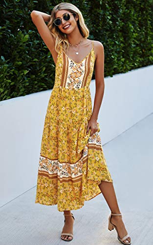 Image of Angashion Women's Dresses Floral Adjustable Spaghetti Strap V Neck Boho Long Maxi Dress Summer Beach Flowy Ethnic Sundress