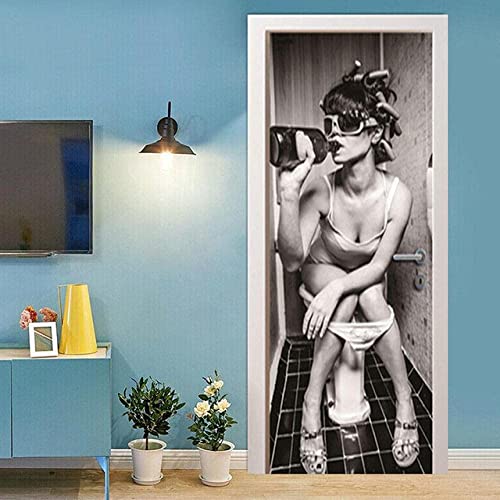3D Türaufkleber Frau Trinkt Toilette 77 X 200 Cm - Türtapete Selbstklebend Türposter - Fototapete 3D Effekt Türfolie Poster Tapete Wandtattoo Diy Selbstklebende Wandbild Pvc Wasserdichte Tapete