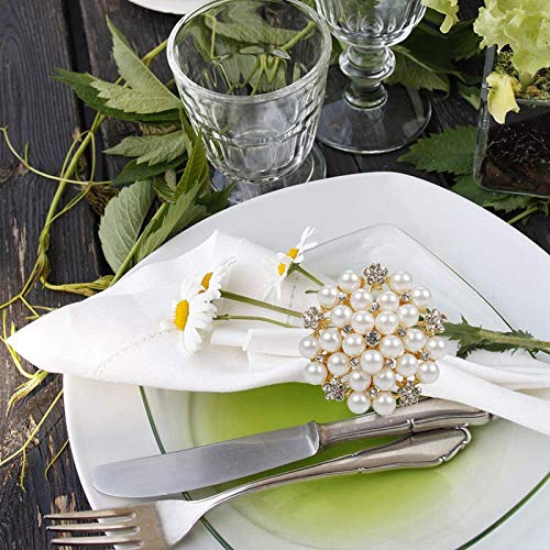 zorpia Napkin Rings Set of 6-Flower Pearl Rhinestone Napkin Ring Holder for Wedding Party Home Kitchen Dining Table Linen Accessories (6,Golden)