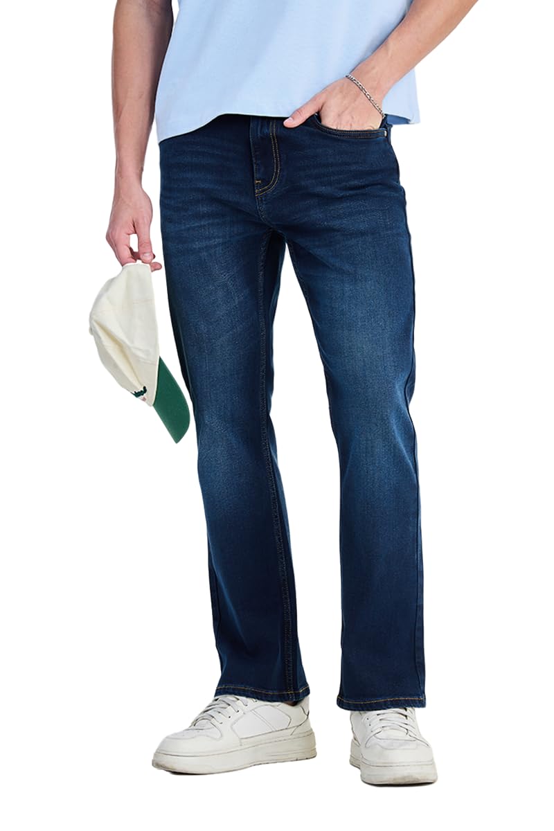 snitch Men Jeans Casual Wear | Straight Fit Mid Rise Dark Washed Denim with Whiskered Effect & 5 Pockets | Stretchable Cotton Blend Fabric for All Day Comfort & Streetwear Style | Dark Blue-picture-14