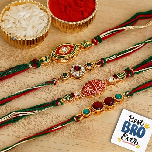 Image of eCraftIndia Set of 4 Multicolor Kundan Designer Rakhis, Best Bro Ever Fridge Magnet with Roli Chawal Pack - Rakhi for Brother, Bhaiya, Bhai
