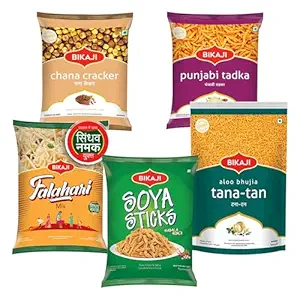 Bikaji Snacks Combo – SOYA STICKS & TANA-TAN (Aloo Bhujia) & FALHARI MIX & PUNJABI TADKA & ROASTED CHANA CRACKER | 5 Pack Variety | Bar Snacks, Party Mix & Tea-Time Treats – 1 Kg