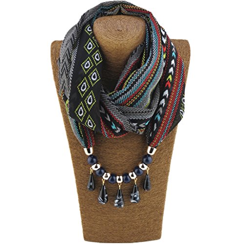 Redriver Fashion Bohemian Ethnic Jewelry Pendant Chiffon Scarf Necklace For Women (Black)2