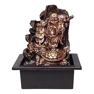VIVARS Laughing Buddha with Coins and Money Bag Tabletop Waterfall Fountain with Led Light for Indoor Home Office Decor Golden-Brown