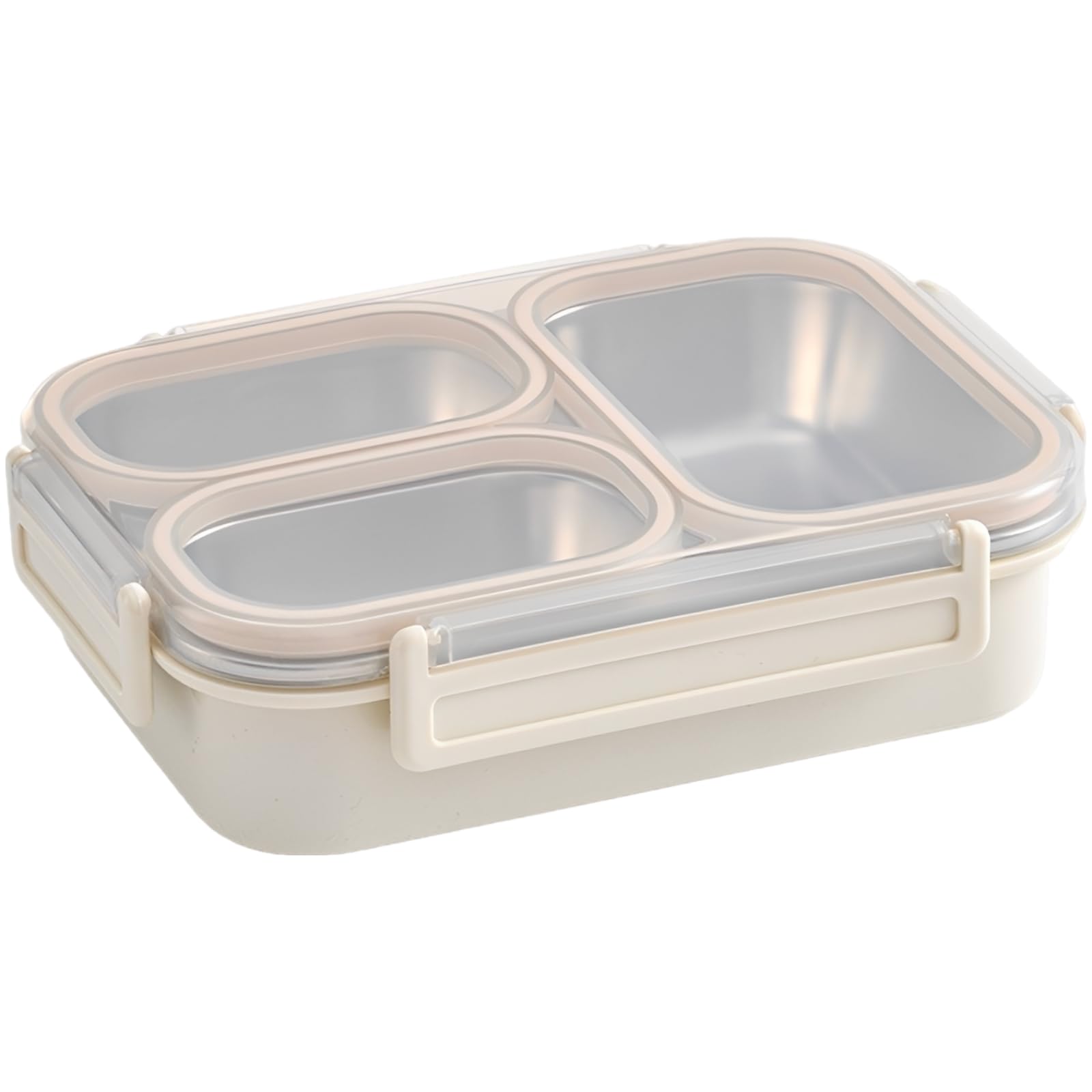Lunchbox aus 201 Edelstahl in Beige, 3-Fach, auslaufsicherer Food-Container mit PP-Schale und Schnappverschlussdeckel, geeignet für Arbeit, Büro, Meal Prep und unterwegs, ideal für den Alltag