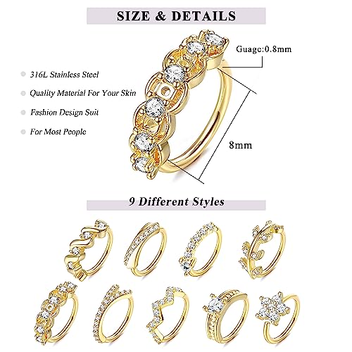 UBGICIG 9Pcs 20G Stainless Steel Nose Rings Hoop for Women Men Paved CZ Cute Cartilage Helix Earrings Body Piercing for Nose Ear Gold Silver2