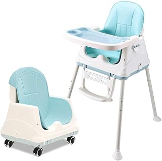 JJONE Multifunctional Baby High Chair, Kids Dining Chair with Adjustable Tray, Height Adjustable Highchair Baby Feeding Chair with 4 Wheels and Safety Harness (805-Blue)