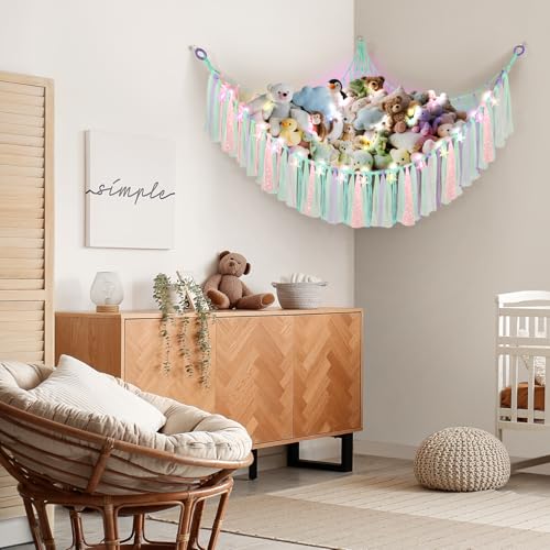 Lunriwis Kuscheltier Aufbewahrung Netz mit LED-Leuchten, Boho Makramee Spielzeug kinderzimmer deko, StofftieStofftier Aufbewahrungstasche Hängematte Aufbewahrung Kuscheltiere Lila