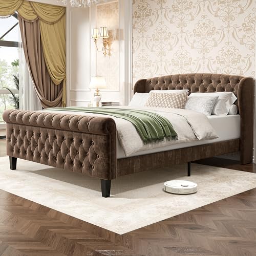 BedsPick Full Size Bed Frame Sleigh with Wingback Headboard, Fully Upholstered Bed Frame Full Size with Deep Button Tufted Scroll Footboard, 12 Wooden Slats Support, No Box Spring Needed/Easy Assembly