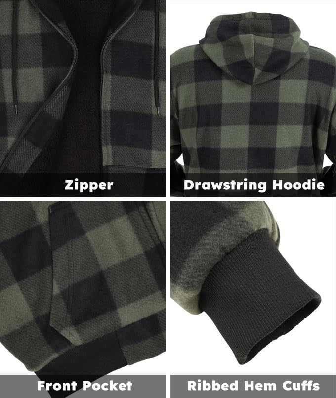 Image of TanBridge Sherpa Fleece Lined Hoodie Big and Tall Plaid Flannel Jacket Winter Coats for Men Zip Up Winter Warm Sweatshirts