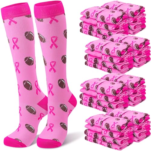 Zoooyawn 48 Pairs Pink Football Breast Cancer Socks Bulk Pink out Day Accessories Ribbon Support Cancer Awareness Compression Knee High Socks for Youth High School Football Team Fundraising Event Item