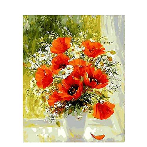 Pintura De Diy Por Nmeros,Kits De Pintura De Bricolaje Por Nmeros, Lienzo De Color Mejorado Para Adultos, Nios, Principiantes, Cuadros Pintados, Regalos, Florero Blanco Amapola, 40X50 Cm Sin