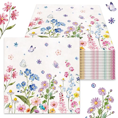 Simsky 40 Stück Servietten Frühling Servietten Blumen & Schmetterlinge Bunte Papierservietten Frühling Papierservietten Floral Osterservietten Papier für Decoupage Party Garten
